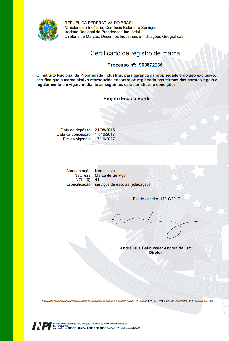Exemplo de certificado de registro de marca